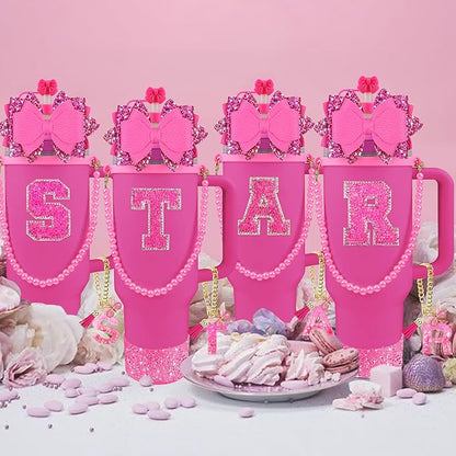 9PCS Hot Pink for Stanley Cup Accessories Set Bling Initials Bow Charms for - Image 7