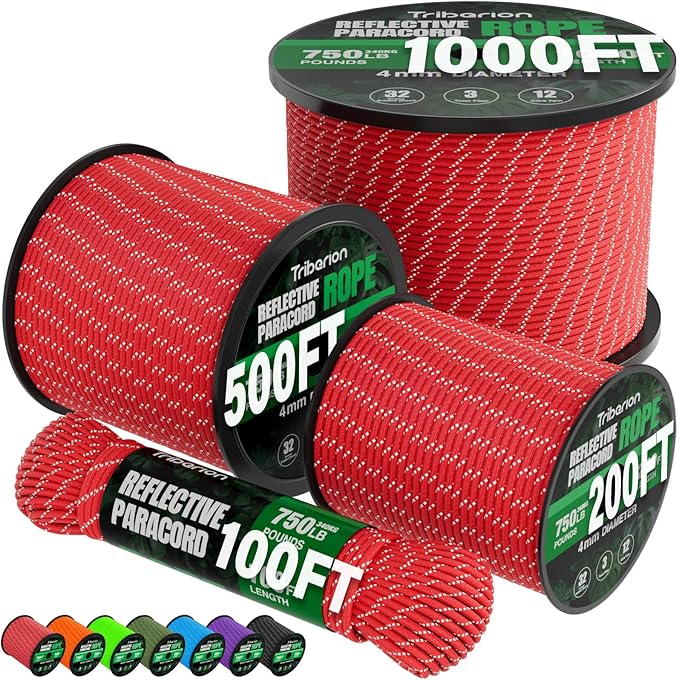 Reflective Paracord Rope 750 lb - 1000ft 5/32" Parachute Cord 4MM 12-Strand by Triberion