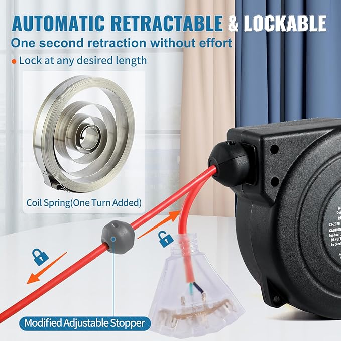 VEVOR Retractable Extension Cord Reel, 30 FT, Heavy Duty 16AWG/3C SJTOW - Image 5