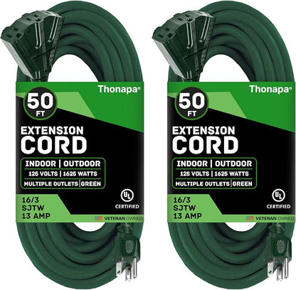 Thonapa 2 Pack 50 ft Green Outdoor Extension Cord 3 Outlet Pigtail by Thonapa