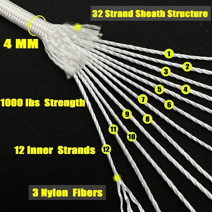 VVAAGG 1000 White Paracord 200FT Utility Parachute Cord 4mm Nylon String12 - Image 2