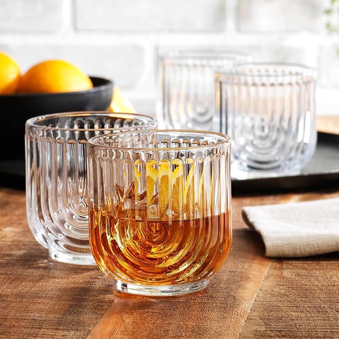 Glaver's 16-Piece Drinking Glass Set, Art Deco Ribbed Arch Design, 17oz - Image 3