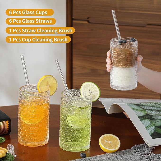 Vintage Hobnail Drinking Glasses Set of 6, 16 oz Large Capacity Embossed Clear - Image 5