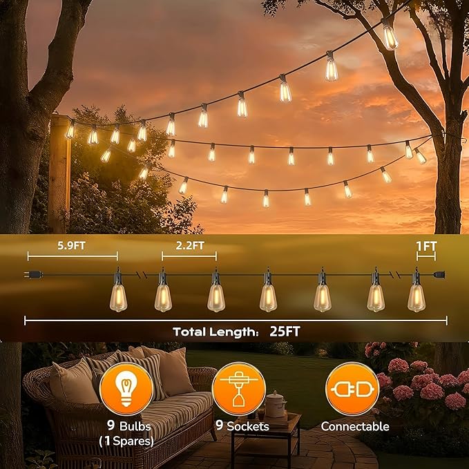 GPATIO Outdoor String Lights, 25FT Shatterproof Patio Lights, IP65 Waterproof - Image 6