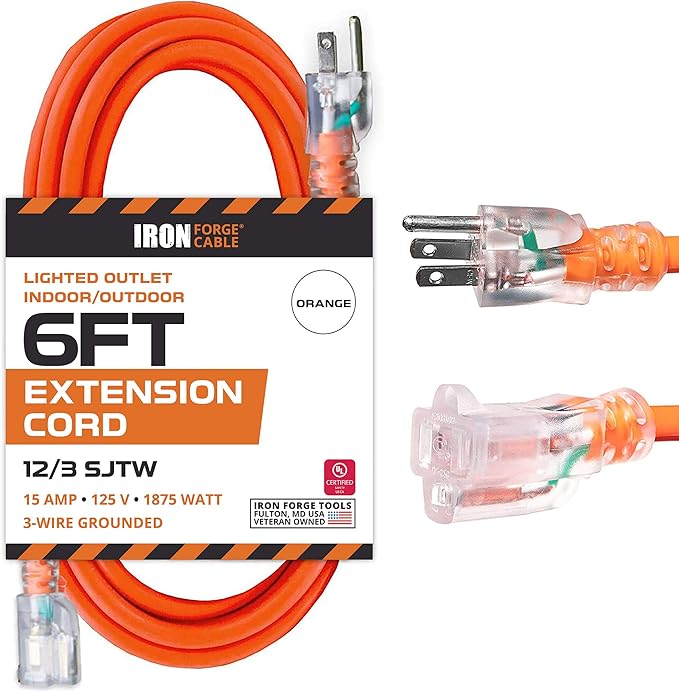 Iron Forge Cable 12 Gauge Extension Cord 6 ft, 12/3 SJTW 6 Foot Heavy Duty by IronForgeCable