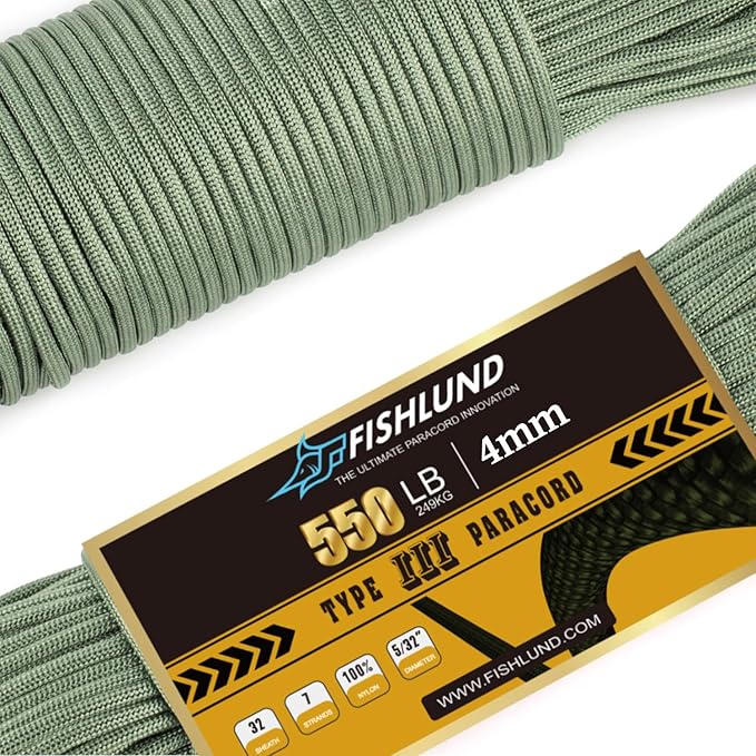 Paracord 550 lb, 7 Strand Paracord Rope 250ft 4mm, Nylon Parachute Cord by FISHLUND