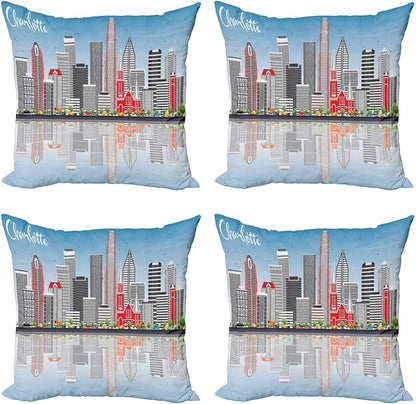 Ambesonne North Carolina Throw Pillow Cushion Case Pack of 4, Charlotte Skyline by Ambesonne