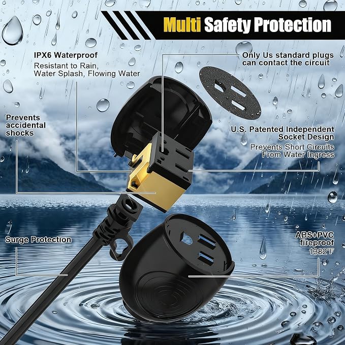 Blackcow Outdoor Power Extension Cord, 50 Ft, IPX6 Waterproof, Cold Weather & - Image 2