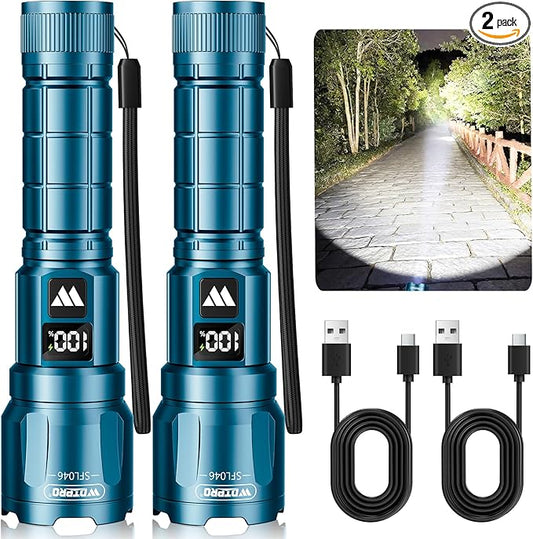 WdtPro LED Rechargeable Flashlight 2 Pack, Super Bright Zoomable 6000 Lumens by WdtPro