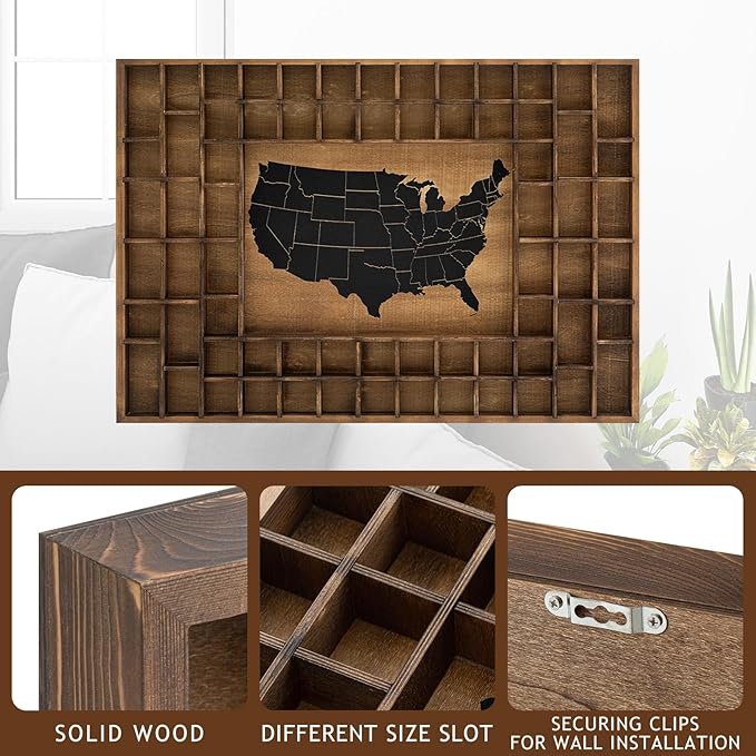 68 Slots 40 x 28'' Large World Map Shot Glass Display Case Rustic Wood Shot - Image 3