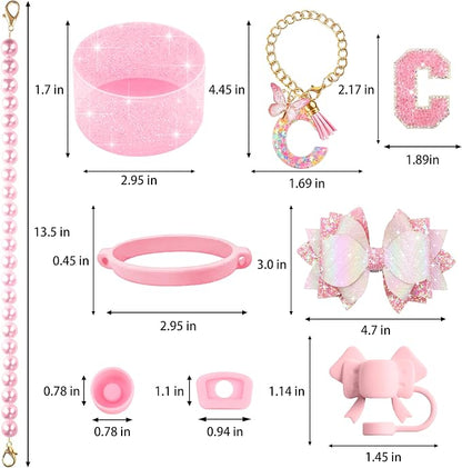 9PCS Pink for Stanley Cup Accessories Set Bling Initials Bow Charms for Stanley - Image 3