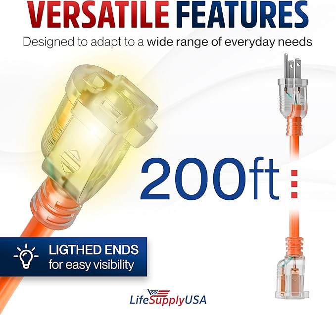 200ft Outdoor/Indoor Extension Cord 12/3 Gauge Extra Heavy Duty 3 Prong SJTW - Image 6
