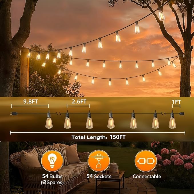 GPATIO Outdoor String Lights, 150FT ST38 Bulbs Shatterproof Patio Lights - Image 6
