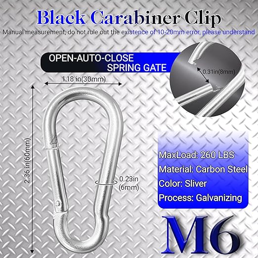 100 Pack 2.36" Sliver Carabiners Clip, M6 Galvanized Steel Small Spring Snap - Image 2