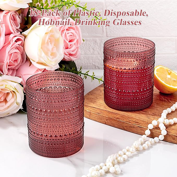 18PCS Plastic Hobnail Drinking Glasses - 14 Oz Burgundy Vintage Glasses Mixed - Image 3