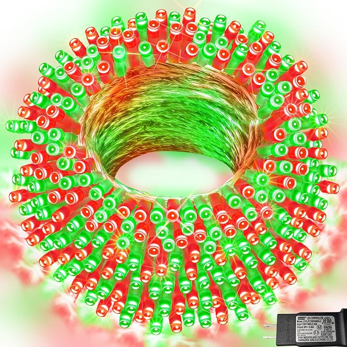 Red and Green Christmas String Lights, 66 ft 200 LED Christmas Lights Plug in by Pooqla