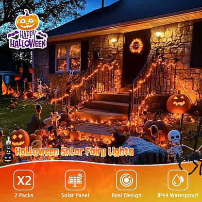 JMEXSUSS 2 Pack Solar Halloween Lights, 33ft 100 LED Orange Halloween Lights - Image 2