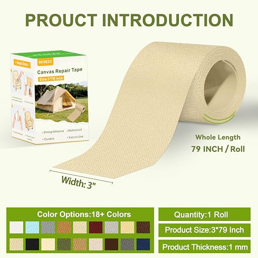 Besezx Canvas Repair Tape, Outdoor Gear Patch, 3x79 Inches, Waterproof - Image 2