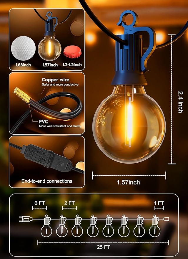Outdoor String Patio Lights, 25FT 12 LED Patio Lights Waterproof, Connectable - Image 7