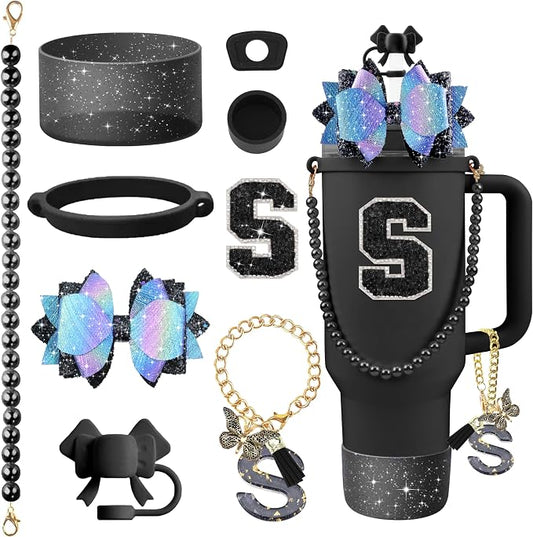 9PCS Black for Stanley Cup Accessories Set Bling Initials Bow Charms for by Unknown