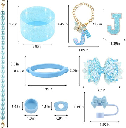 9PCS Blue for Stanley Cup Accessories Set Bling Initials Bow Charms for Stanley - Image 3