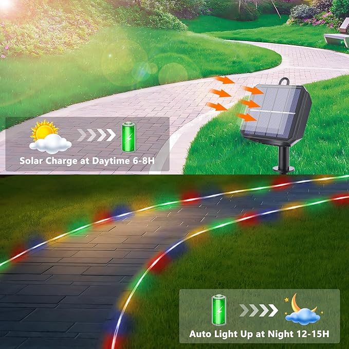 Solar Rope Lights, 66ft 200LED Solar String Lights, 8 Modes Waterproof Solar - Image 4