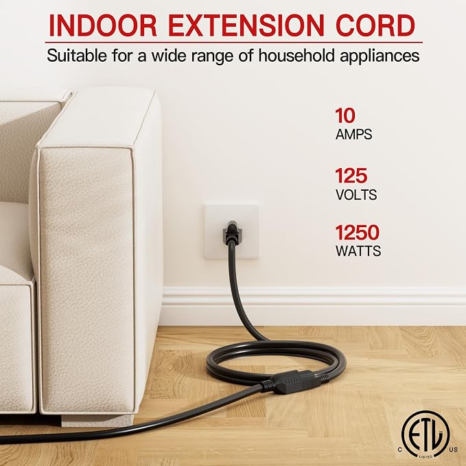 18/3 Indoor Extension Cord 6 FT, 3 Prong Power Cable, Suitable - Image 3