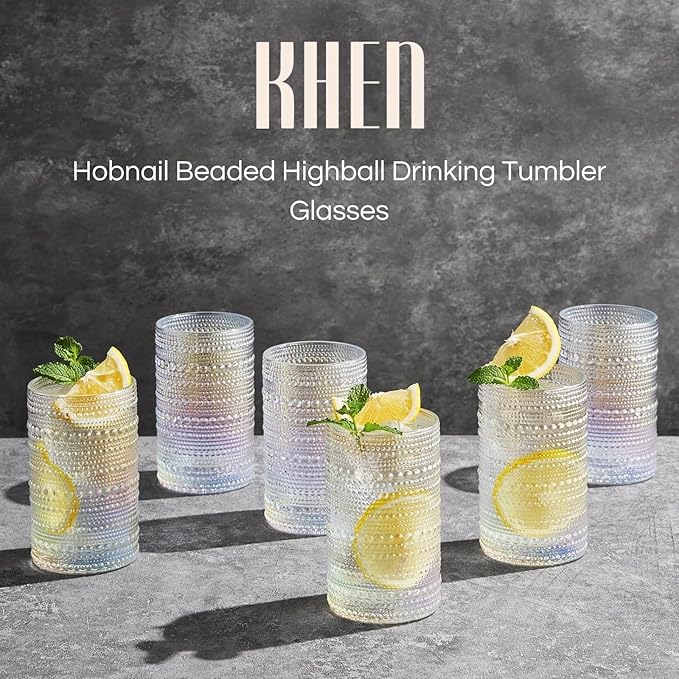 Hobnail Beaded Highball Drinking Tumbler Glasses | Set of 6 | Iridescent Pearl - Image 2