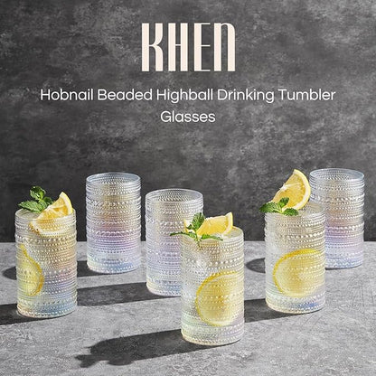 Hobnail Beaded Highball Drinking Tumbler Glasses | Set of 6 | Iridescent Pearl - Image 2