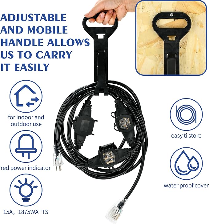 20FT 16 Gauge Multi-Outlet Outdoor Extension Cord, 4 Evenly Spaced Weatherproof - Image 6