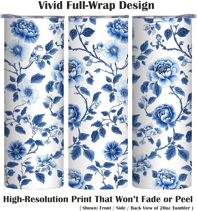 Firmiso 20 oz Tumbler｜Skinny Insulated Travel Mug｜Blue White Peony Chinoiserie - Image 3