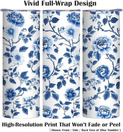 Firmiso 20 oz Tumbler｜Skinny Insulated Travel Mug｜Blue White Peony Chinoiserie - Image 3
