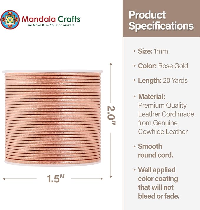 Mandala Crafts Round Genuine Rose Gold Leather Cord - Image 4