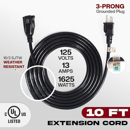 10ft Black Extension Cord, 16/3 SJTW Heavy-Duty, Weather-Resistant Power Strip - Image 2
