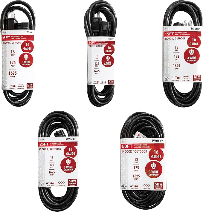 25 Ft Black Extension Cord 3 Prong, Weather-Resistant 16/3 SJTW, 1625 Watt - Image 8