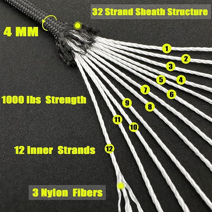 VVAAGG 1000 Black Paracord Rope, 50ft 12 Strand Parachute Cord - Image 2