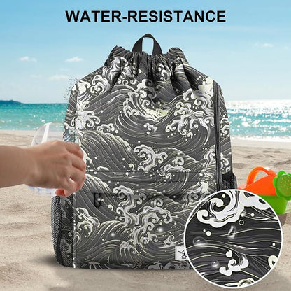 Drawstring Backpack with Mesh Pockets String Gym Bag Sackpack Sandproof Water - Image 3