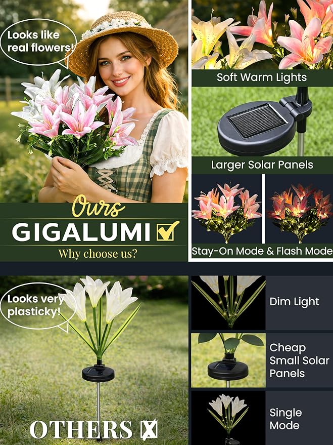 GIGALUMI Solar Garden Lights, 2 Pack LED Lily Garden Decor Carefree Solar - Image 4