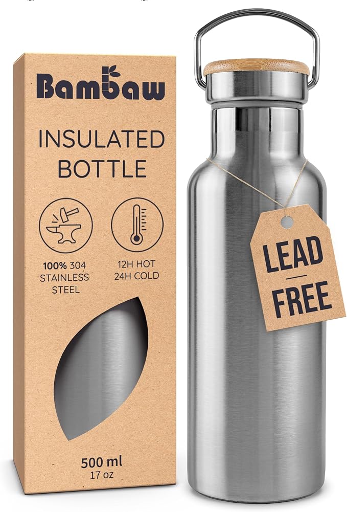 Bambaw Metal Insulated Water Bottle 16 oz, Stainless Steel Water Bottle by Bambaw