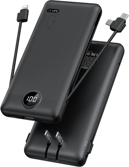 Portable Charger, Power Bank Built-in Cables and AC Wall Plug, VRURC USB C by Home