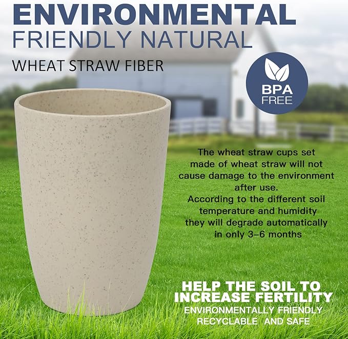 Wrova Wheat Straw Cups 6 PCS Good Alternative to Plastic Reusable Cups 12 oz - Image 7