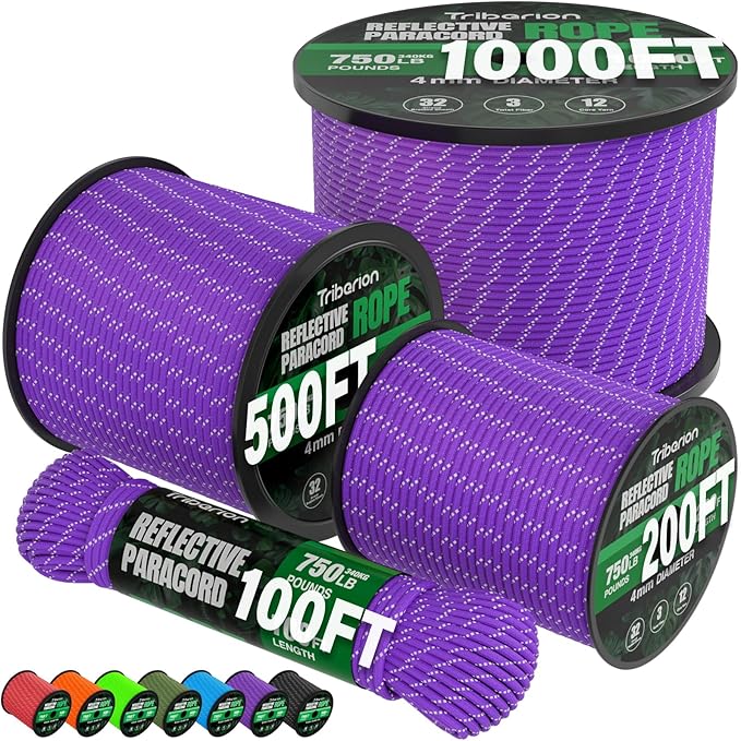 Reflective Paracord Rope 750 lb - 100ft 5/32" Parachute Cord 4MM 12-Strand para by Triberion