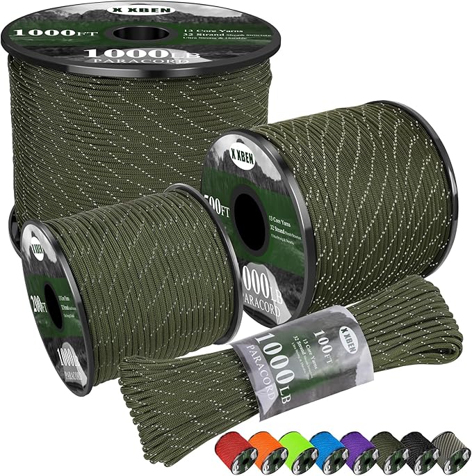 X XBEN Paracord Reflective 1000lb, 50/100/200/500/1000ft 4mm, 13 Strand by XXBEN