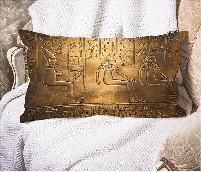 EKOBLA Egyptian Hieroglyphics Decorative Pillow Case Throw Pillow Covers Golden by EKOBLA