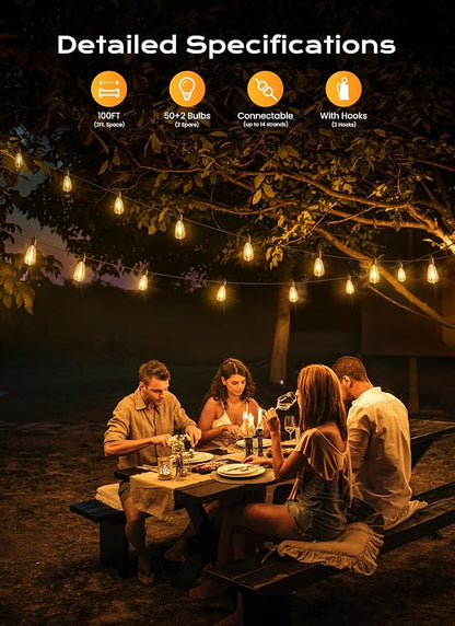 Brightown Outdoor String Lights, 100FT 50+2 LED ST38 LED Patio Lights - Image 2