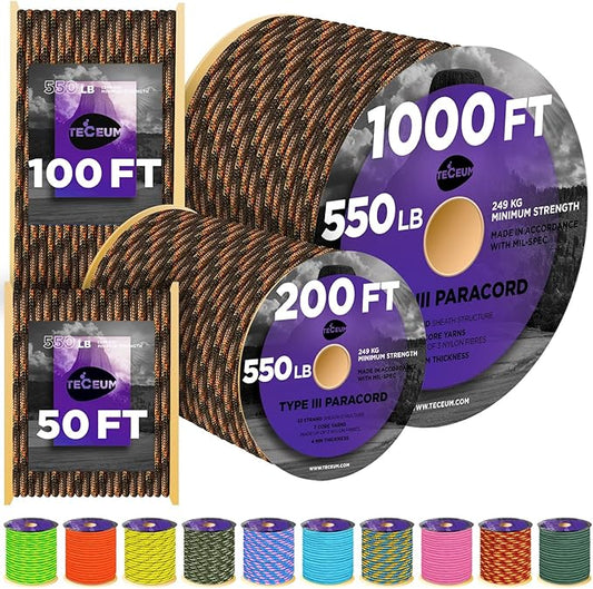 TECEUM Reflective Paracord Rope 1000 – 1000ft/200ft/100ft/50ft – 40+ Colors – by TECEUM