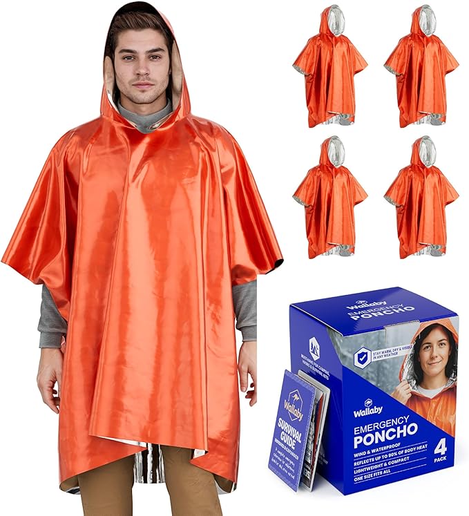 Wallaby 4-Pack Emergency Mylar Ponchos – Universal Fit Thermal Poncho by WallabyGoods
