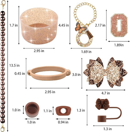 9PCS Brown for Stanley Cup Accessories Set Bling Initials Bow Charms for - Image 3
