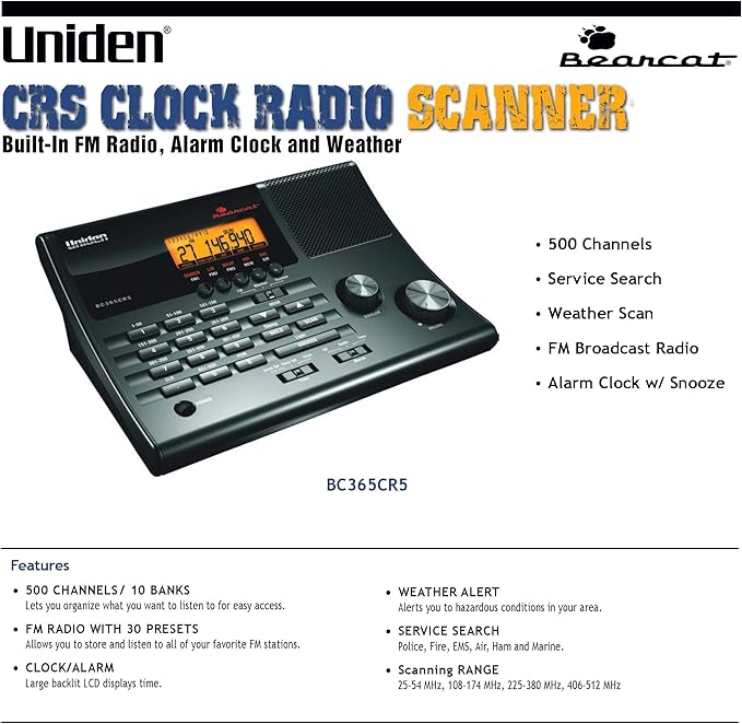 Uniden BC365CRS 500 Channel Scanner and Alarm Clock, FM Radio, Weather Alerts - Image 3