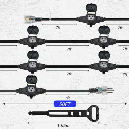 50FT 14 Gauge Heavy Duty Multi-Outlet Outdoor Extension Cord, 7 Evenly Spaced - Image 2